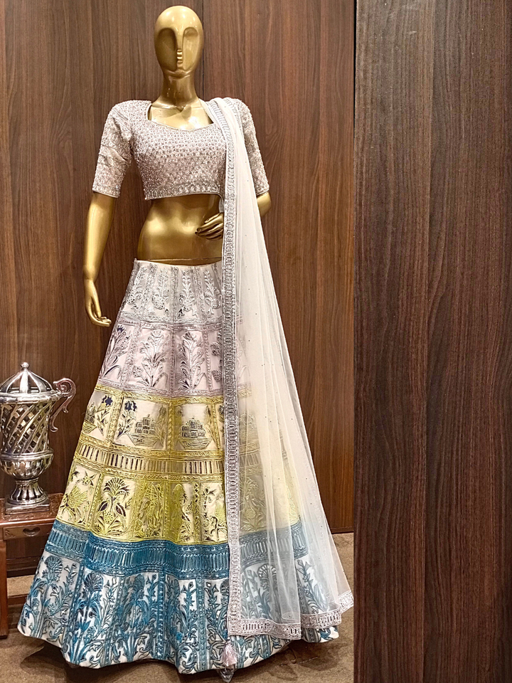 Silver Patchwork Lehenga Set with Heavy Crystal Hand Embellished Blouse