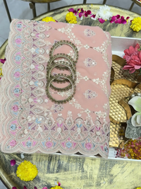 Peach Multicolor Embroidered Trellis Saree with Scalloped Border
