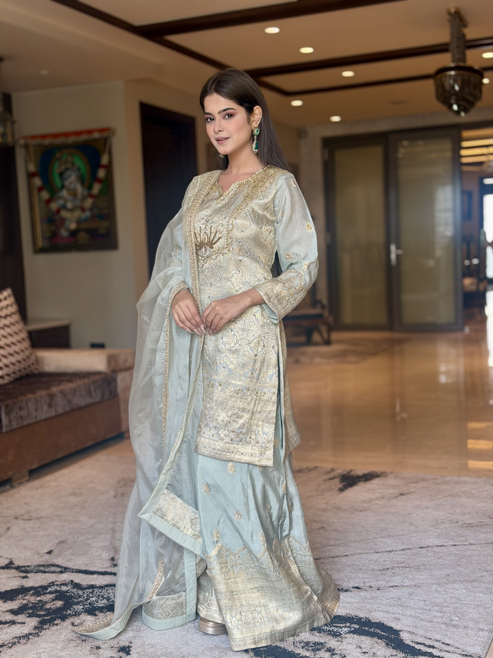 Banarasi Silk Zari Jaal Woven & Embroidered Kurta Sharara Set with Dupatta in Powder Blue