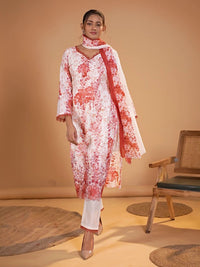 Cotton Floral Printed & Embroidered Unstitched Suit Dupatta in White & Red