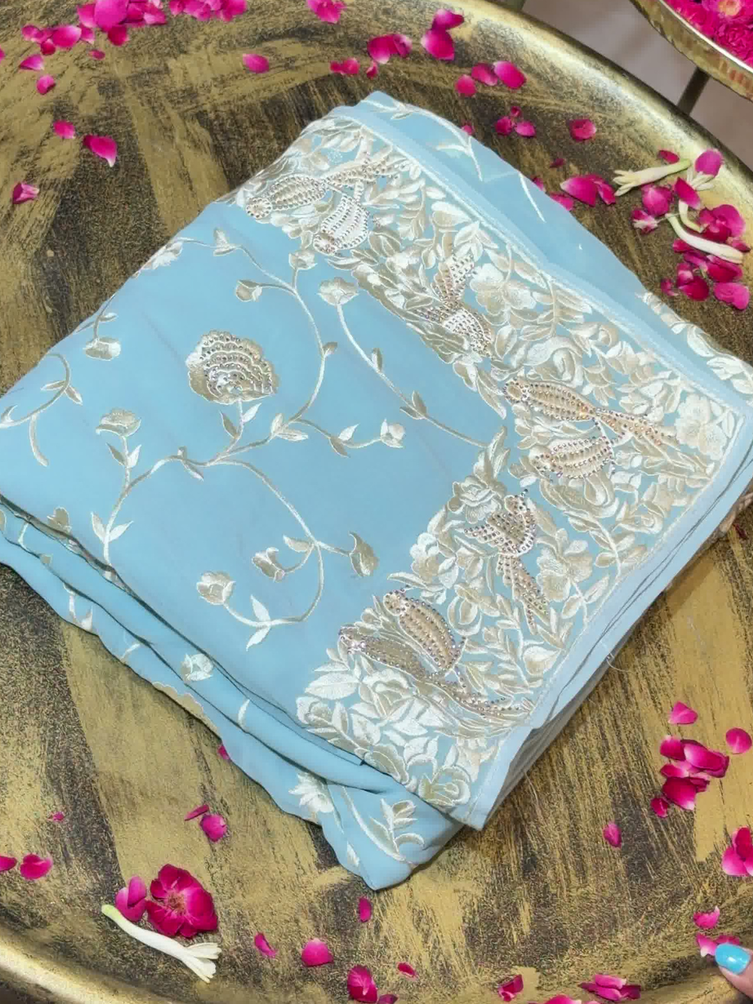 Floral Embroidered Georgette Saree in Sky Blue