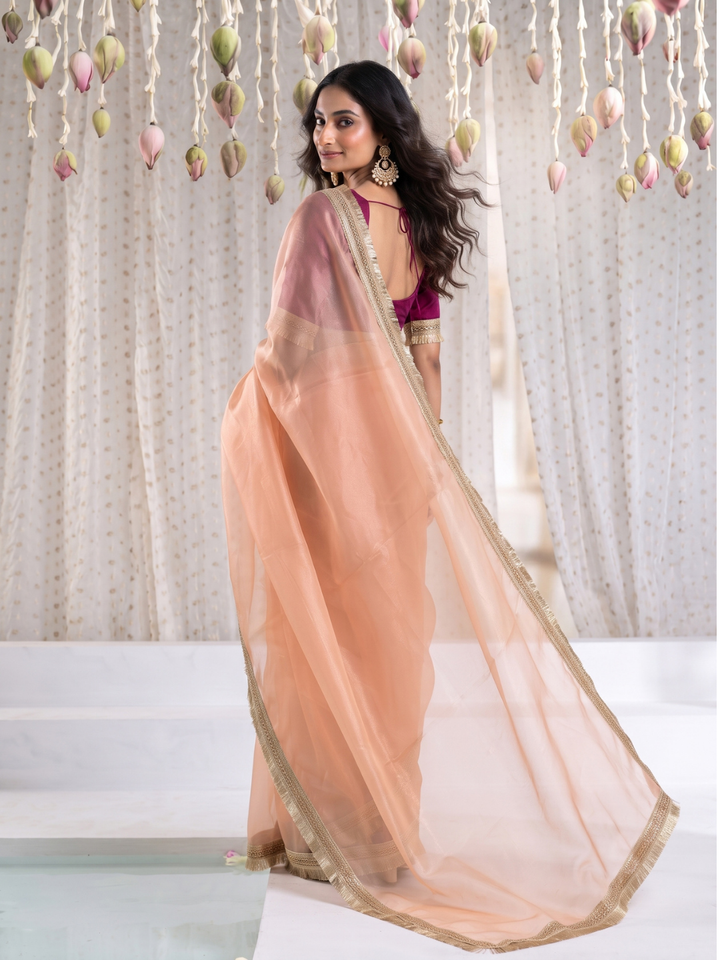 Tissue Organza Saree with Gold Zari Sequin Lace & Fringe Border