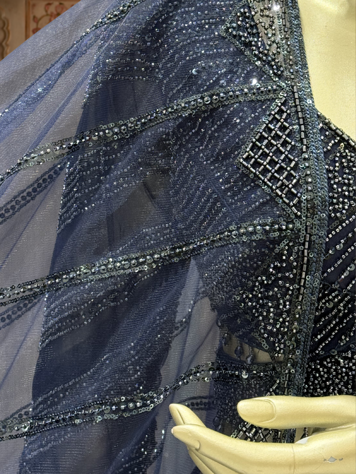 Navy Blue Net Lehenga Choli with Heavy Cutdana & Sequin Geometric Embroidery with Net Dupatta