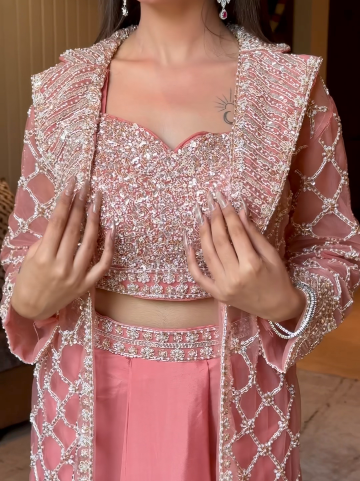 Net Heavy Sequin Embroidered Crop Top with Dhoti and Full Sleeve Embroidered Jacket in Peach
