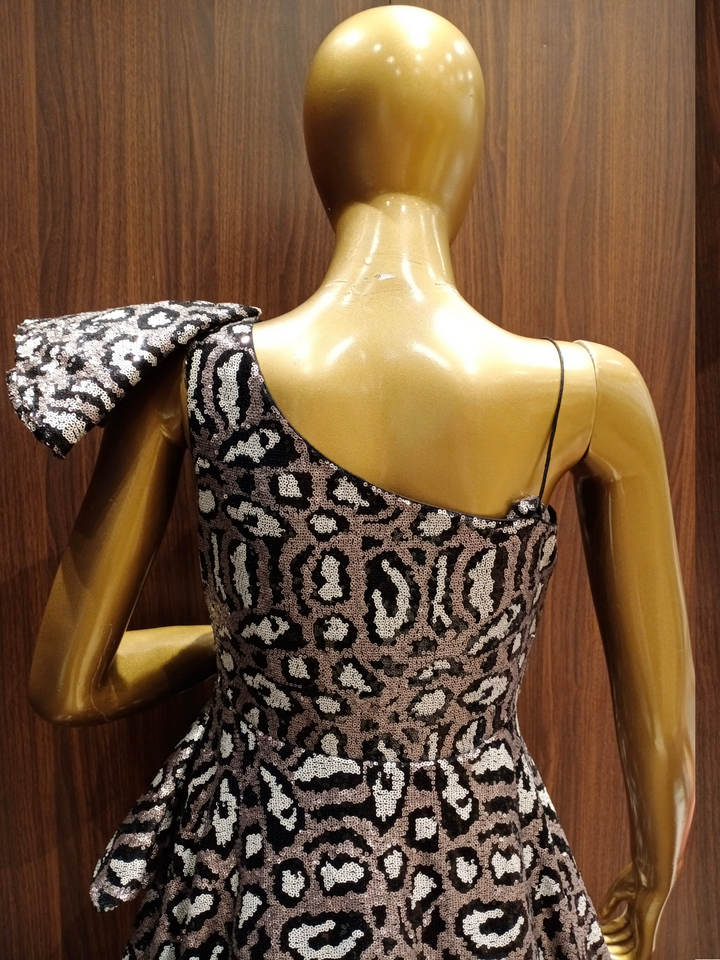 Ruffled Shoulder Flared Sequence Gown With Black,Gold Embellishments