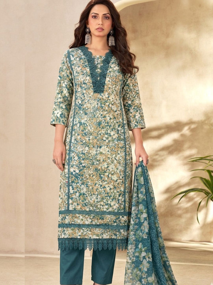 Cotton Floral Printed & Lace Detailed Unstitched Suit Dupatta in Teal & Beige
