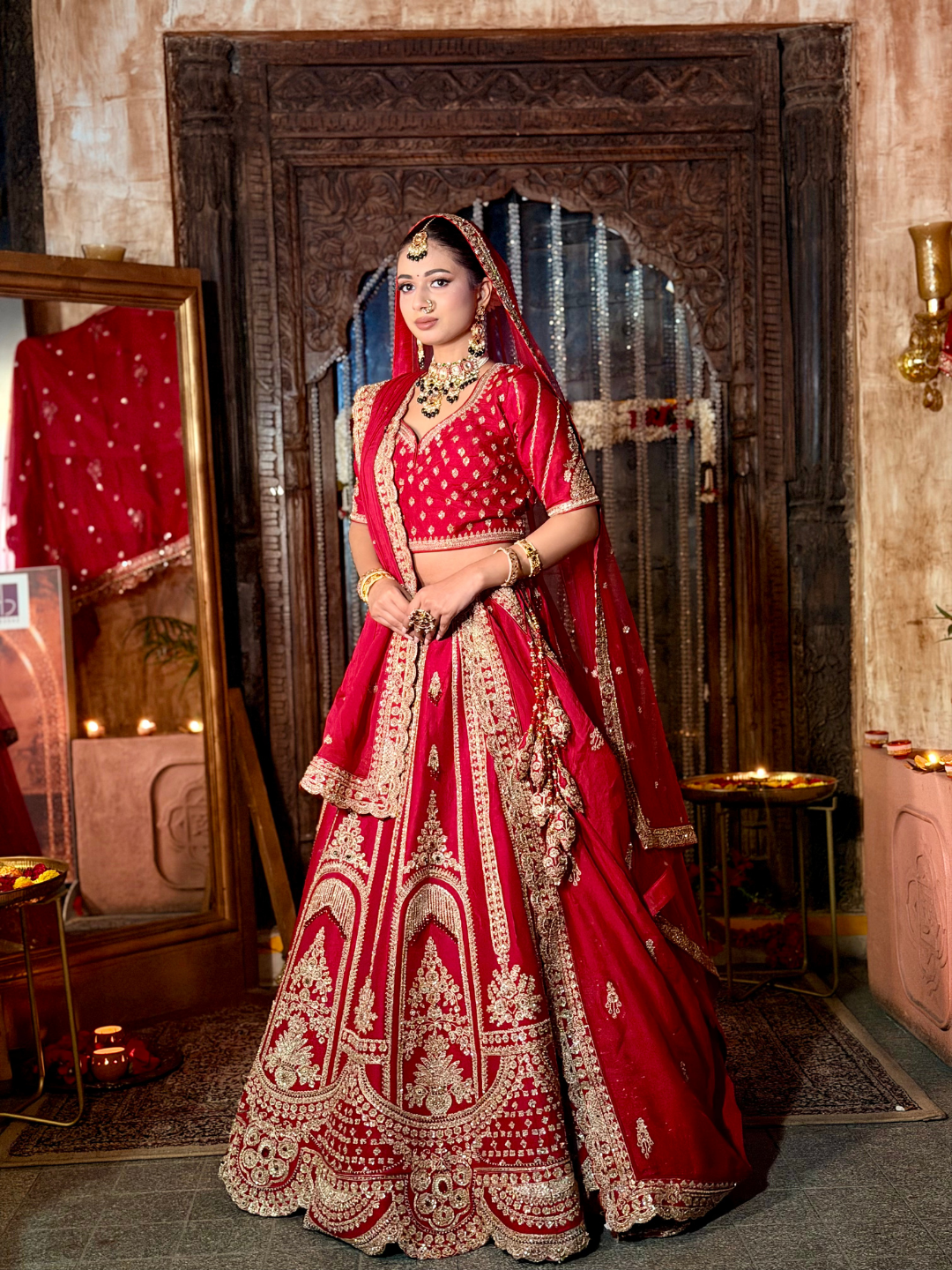 Golden Booti Embroidered Bridal Lehenga Choli Set in Red