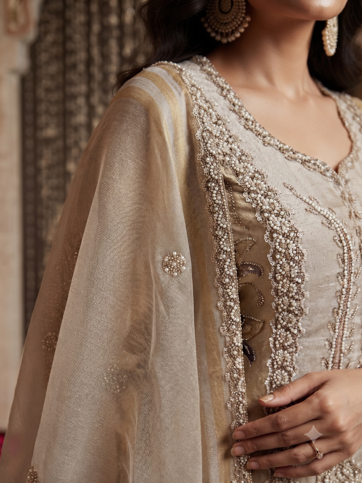 Dual-Tone Embroidered Kurta with Sharara Set in Beige Gold