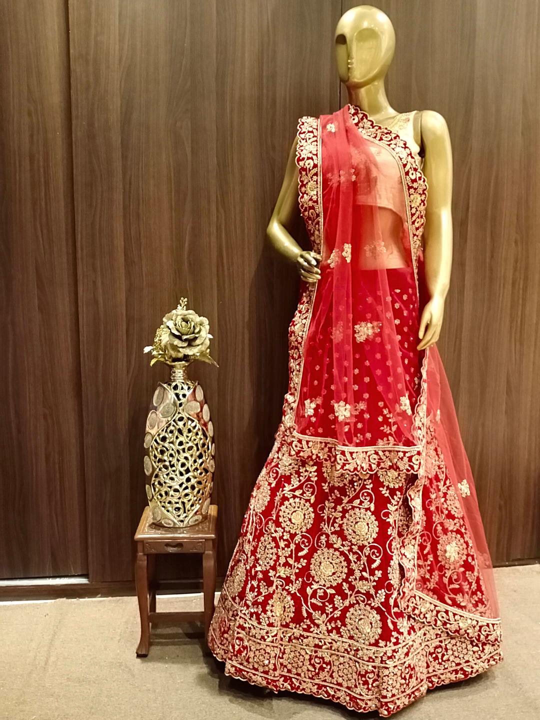 Embellished Semi-stitched Bridal Lehenga with Gold Zardozi Embroidery & Scalloped Dupatta