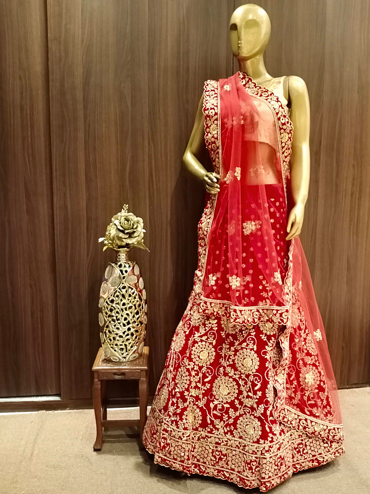 Embellished Semi-stitched Bridal Lehenga with Gold Zardozi Embroidery & Scalloped Dupatta