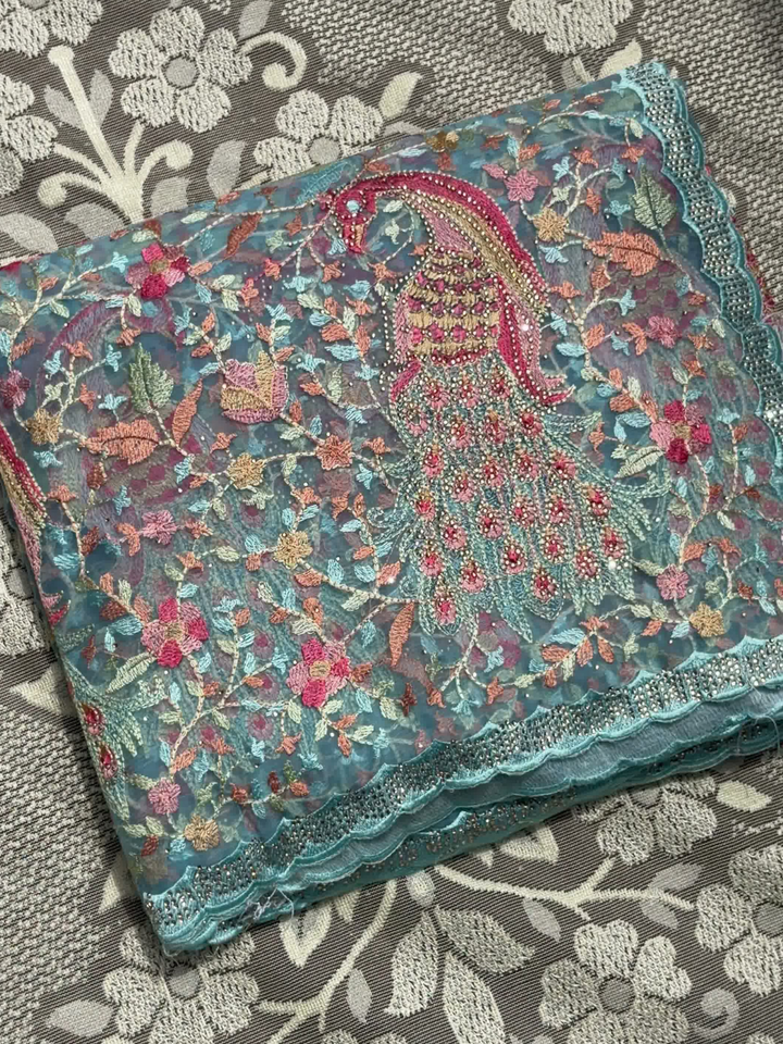Peacock Floral Embroidered Net Saree in Teal Blue