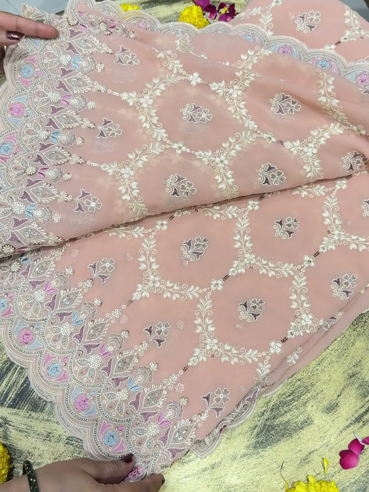 Peach Multicolor Embroidered Trellis Saree with Scalloped Border