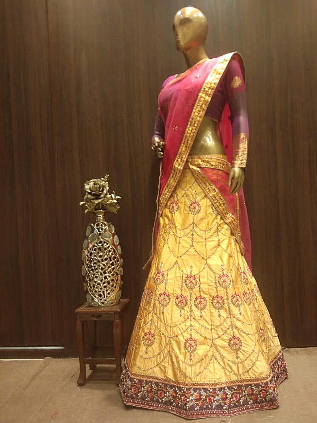 Gold Semi-Stitched Lehenga Set with Contrast Dupatta With Placement Embroidery