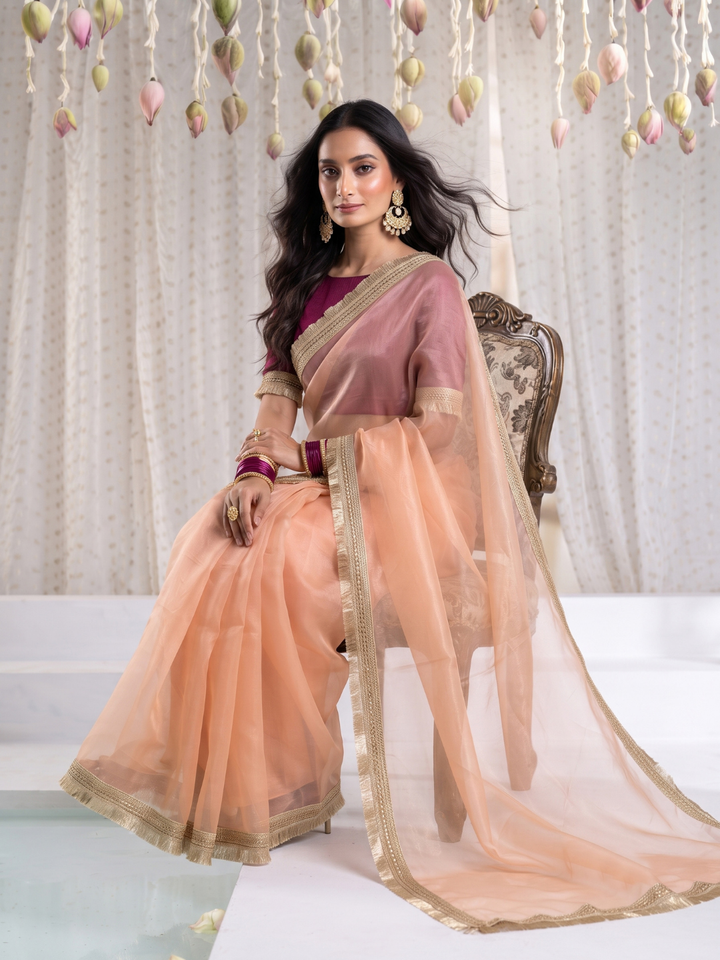 Tissue Organza Saree with Gold Zari Sequin Lace & Fringe Border
