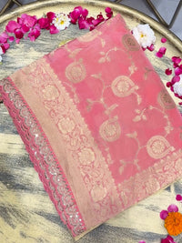 Banarasi Silk Zari Woven Paisley Ombre Saree with Sequin Scalloped Border in Peach & Pink