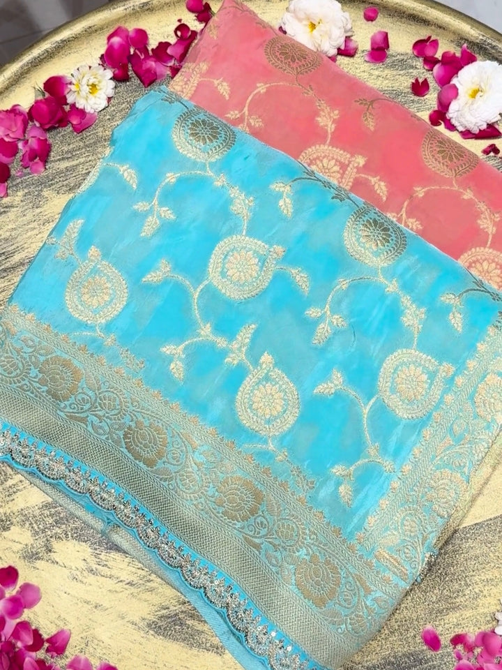 Banarasi Silk Zari Woven Paisley Ombre Saree with Sequin Scalloped Border in Mint & Teal