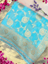 Banarasi Silk Zari Woven Paisley Ombre Saree with Sequin Scalloped Border in Mint & Teal