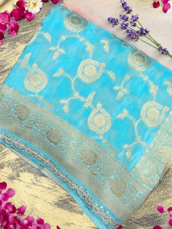 Banarasi Silk Zari Woven Paisley Ombre Saree with Sequin Scalloped Border in Mint & Teal