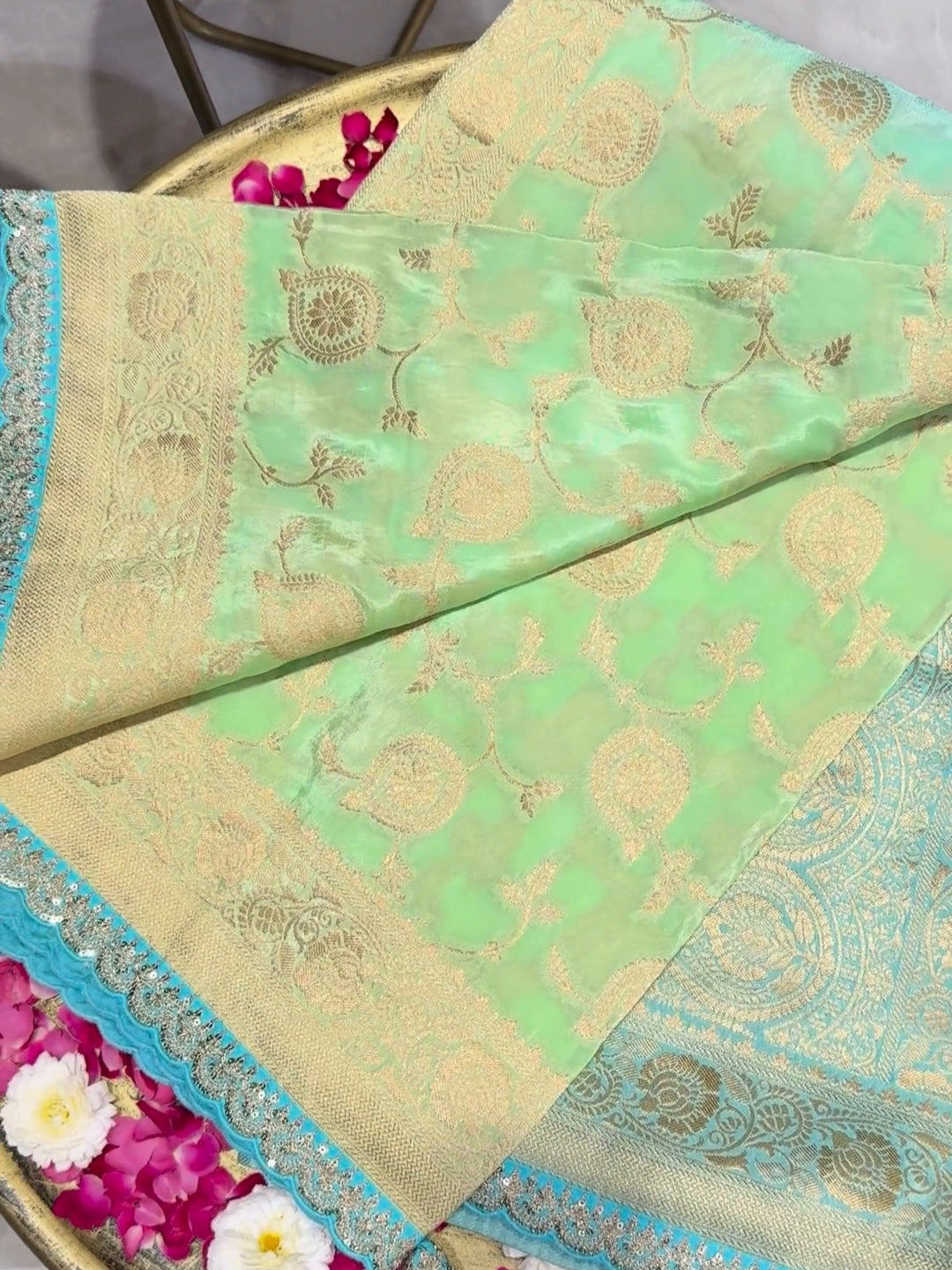 Banarasi Silk Zari Woven Paisley Ombre Saree with Sequin Scalloped Border in Mint & Teal