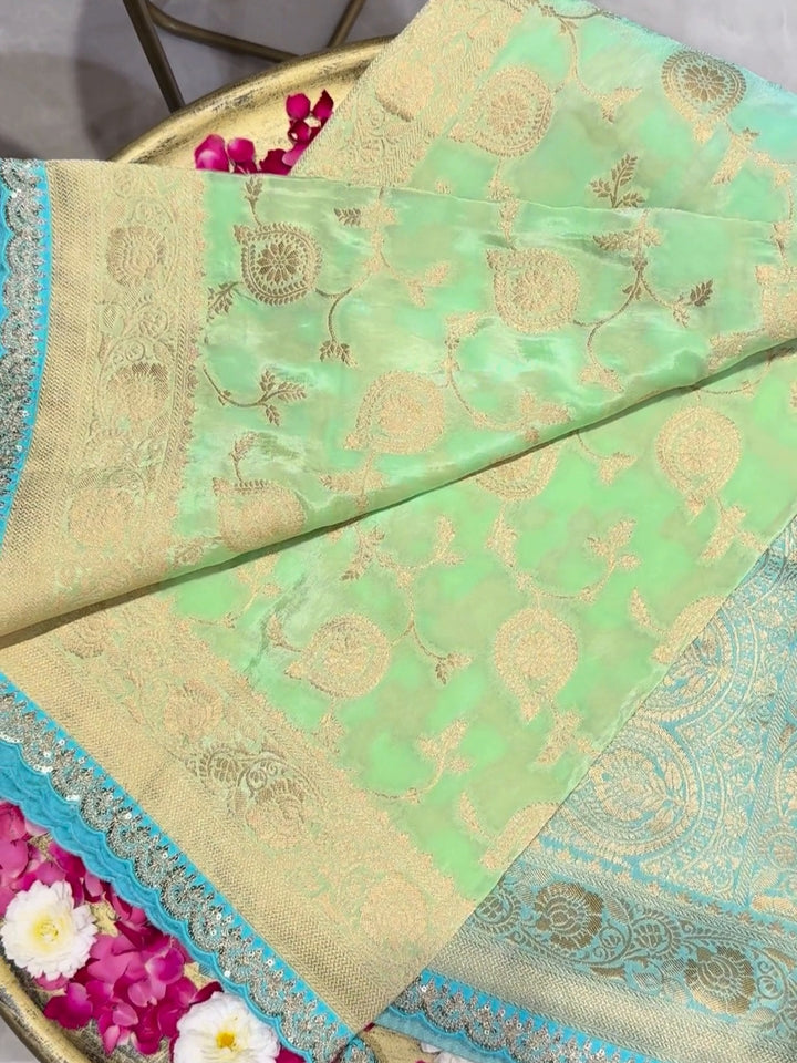 Banarasi Silk Zari Woven Paisley Ombre Saree with Sequin Scalloped Border in Mint & Teal