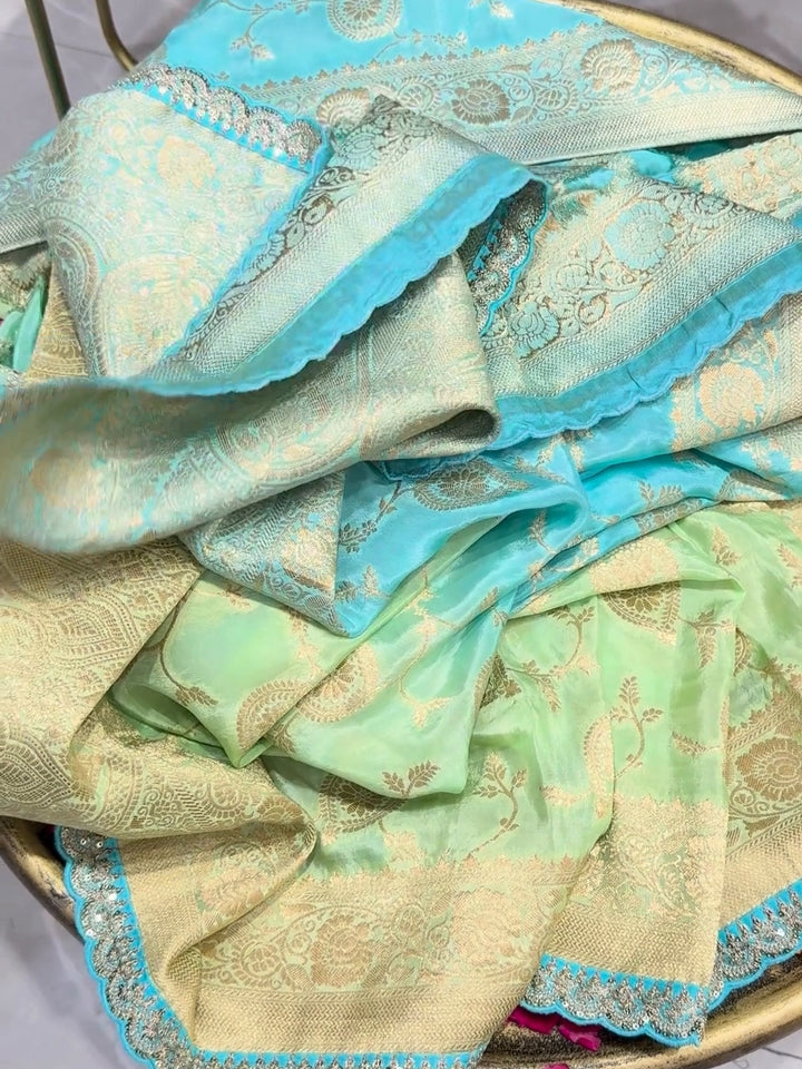 Banarasi Silk Zari Woven Paisley Ombre Saree with Sequin Scalloped Border in Mint & Teal