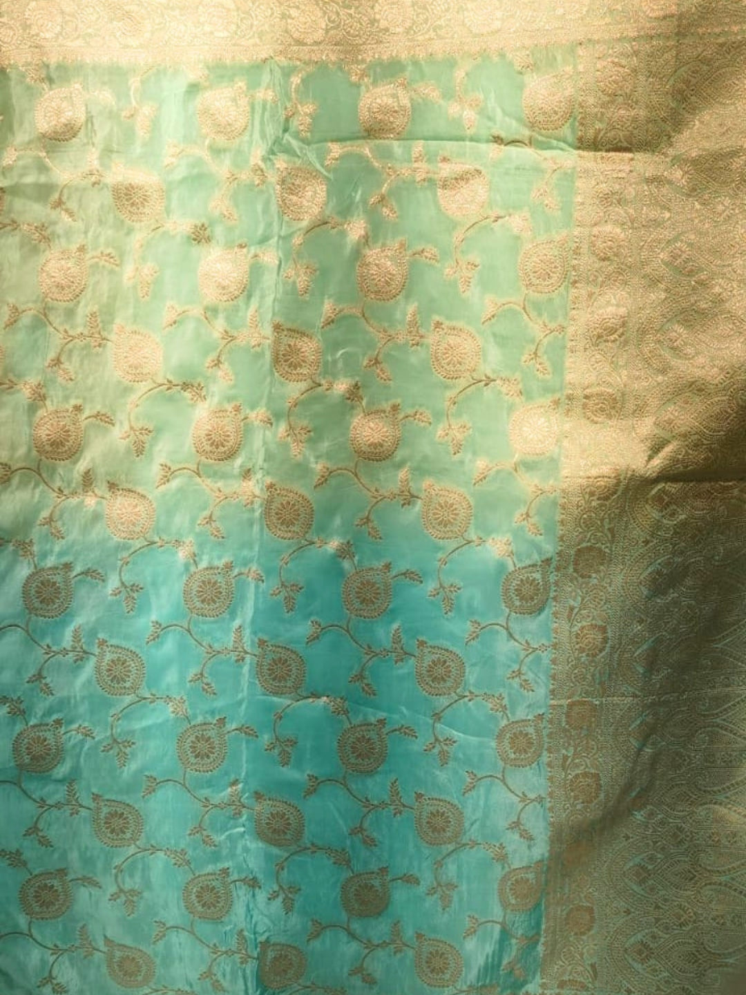 Banarasi Silk Zari Woven Paisley Ombre Saree with Sequin Scalloped Border in Mint & Teal