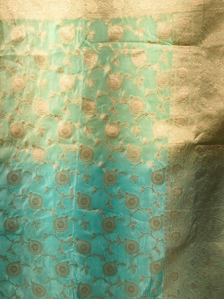 Banarasi Silk Zari Woven Paisley Ombre Saree with Sequin Scalloped Border in Mint & Teal