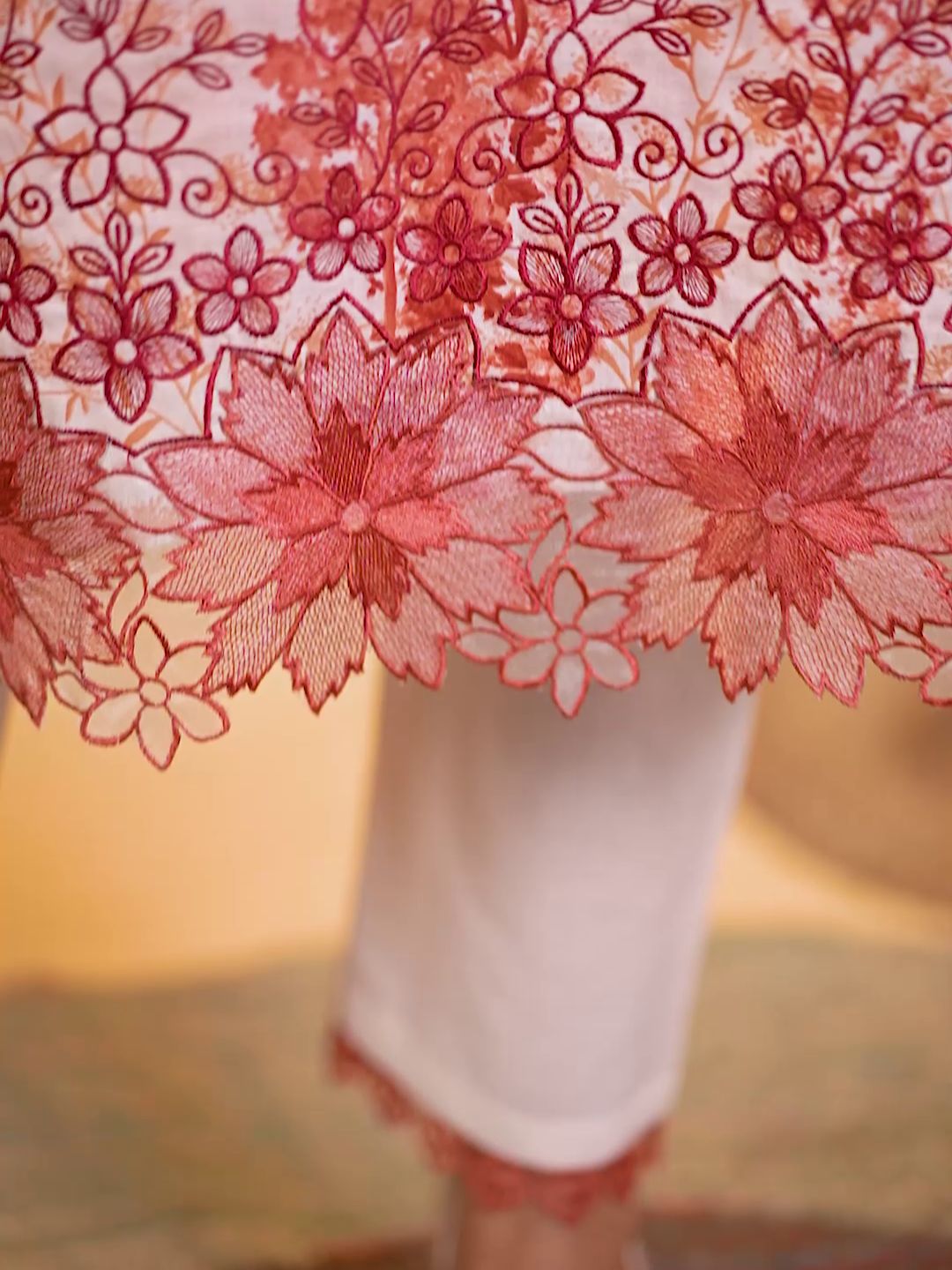 Cotton Floral Printed & Embroidered Unstitched Suit Dupatta in White & Red