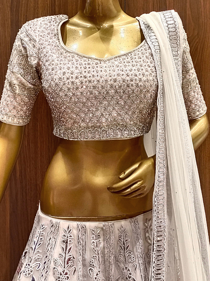 Silver Patchwork Lehenga Set with Heavy Crystal Hand Embellished Blouse