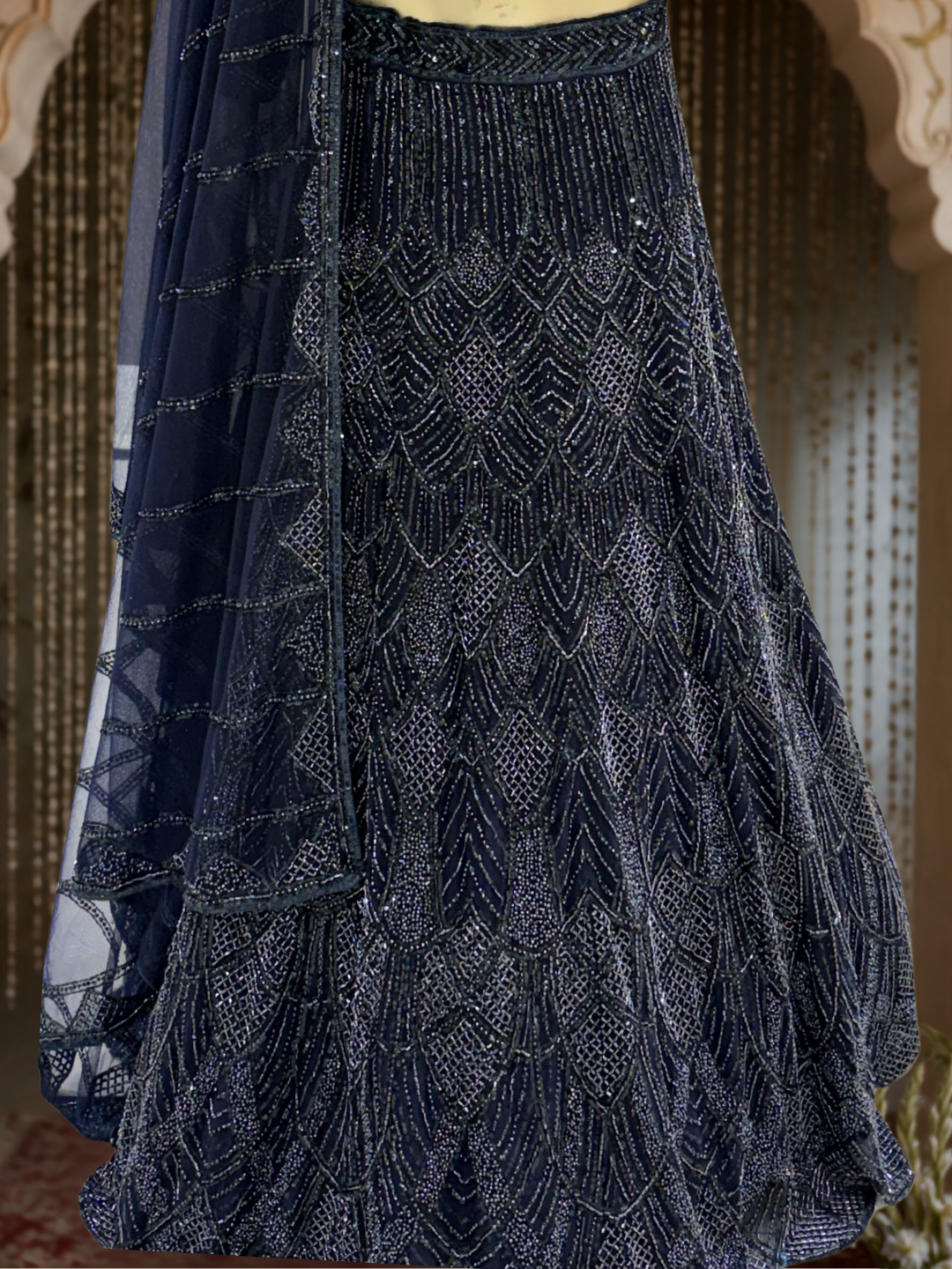 Navy Blue Net Lehenga Choli with Heavy Cutdana & Sequin Geometric Embroidery with Net Dupatta