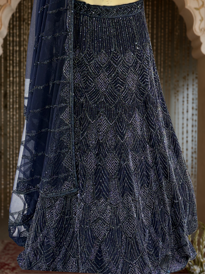 Navy Blue Net Lehenga Choli with Heavy Cutdana & Sequin Geometric Embroidery with Net Dupatta