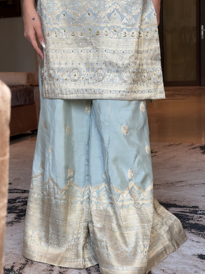 Banarasi Silk Zari Jaal Woven & Embroidered Kurta Sharara Set with Dupatta in Powder Blue