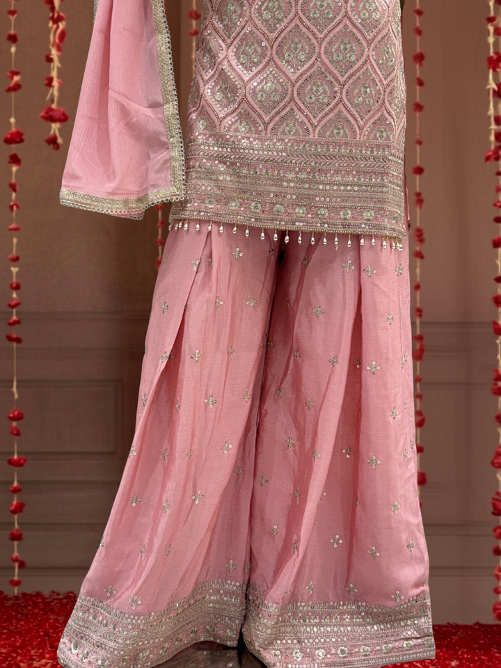 Sequinned Resham Embroidered Georgette Kurta with Sharara and Dupatta with Geometric Jaal Pattern