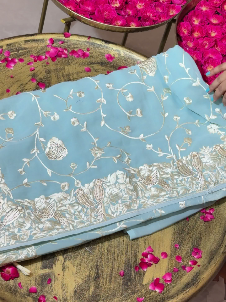 Floral Embroidered Georgette Saree in Sky Blue