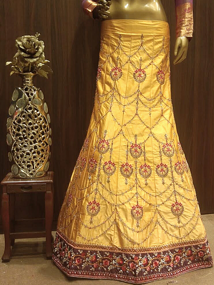 Gold Semi-Stitched Lehenga Set with Contrast Dupatta With Placement Embroidery