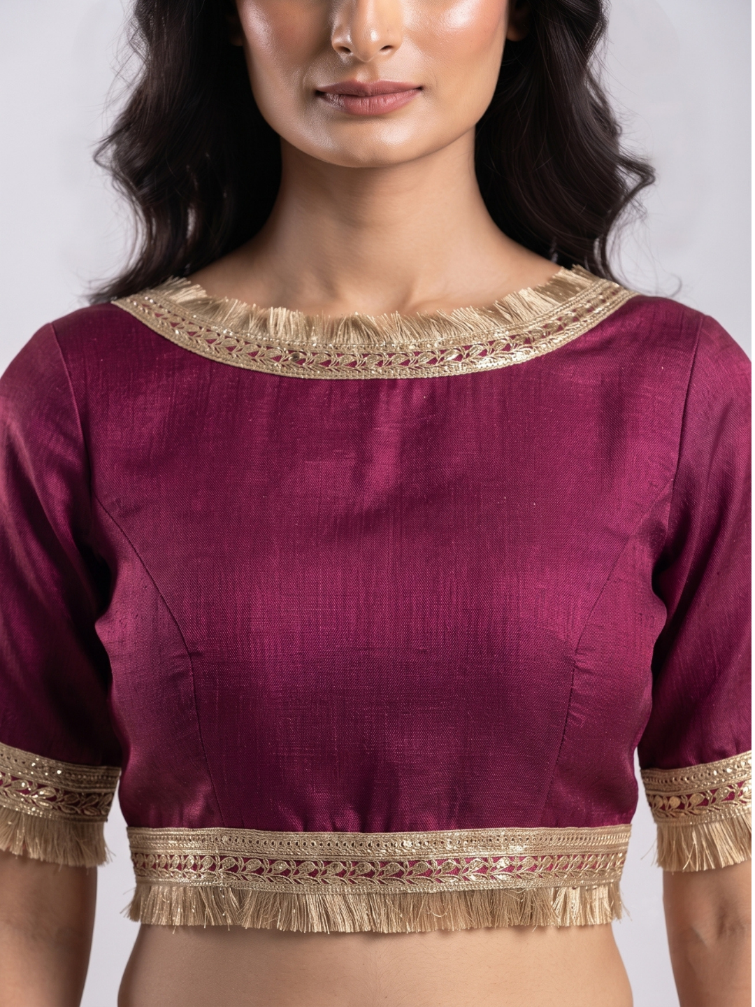 Tissue Organza Saree with Gold Zari Sequin Lace & Fringe Border