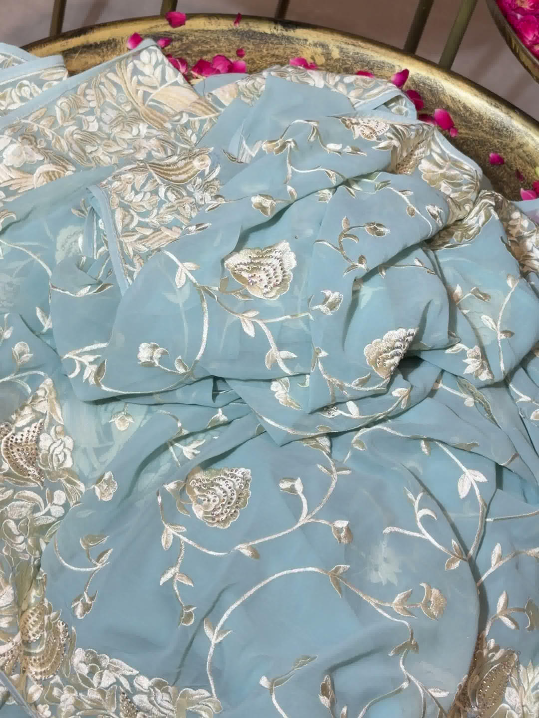 Floral Embroidered Georgette Saree in Sky Blue