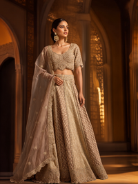 Net Bridal Lehenga Choli with Heavy Zari, Cutdana & Stone Embroidery with Scalloped Dupatta