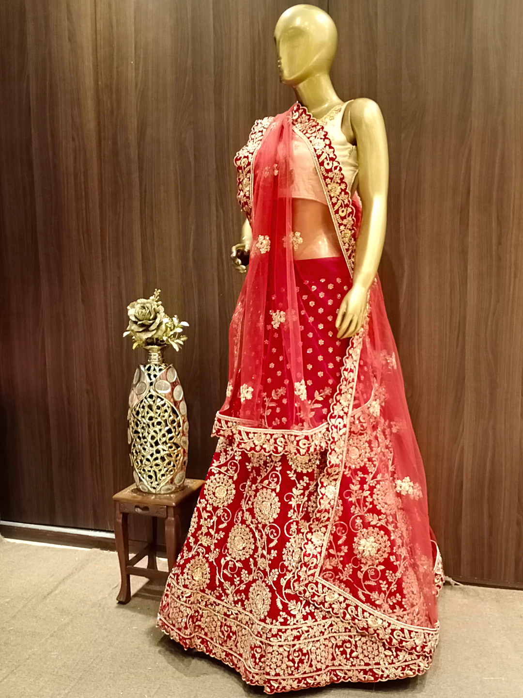 Embellished Semi-stitched Bridal Lehenga with Gold Zardozi Embroidery & Scalloped Dupatta