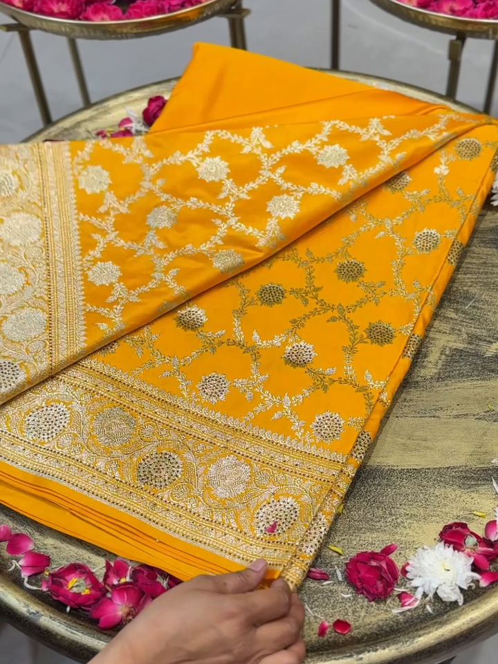 Satin Silk Heavy Zari Embroidered Floral Jaal Saree