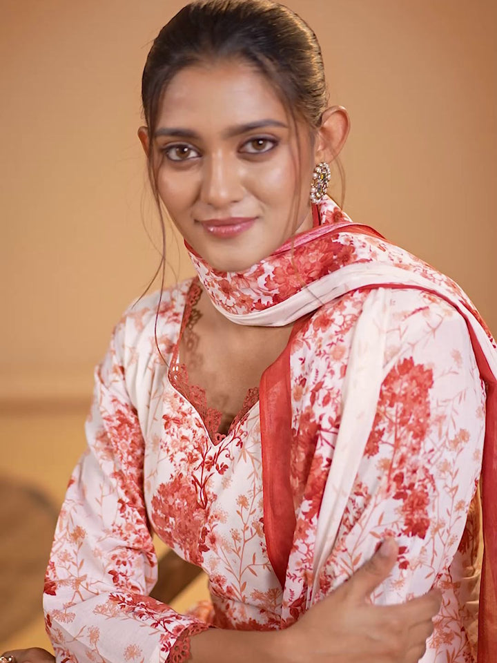 Cotton Floral Printed & Embroidered Unstitched Suit Dupatta in White & Red