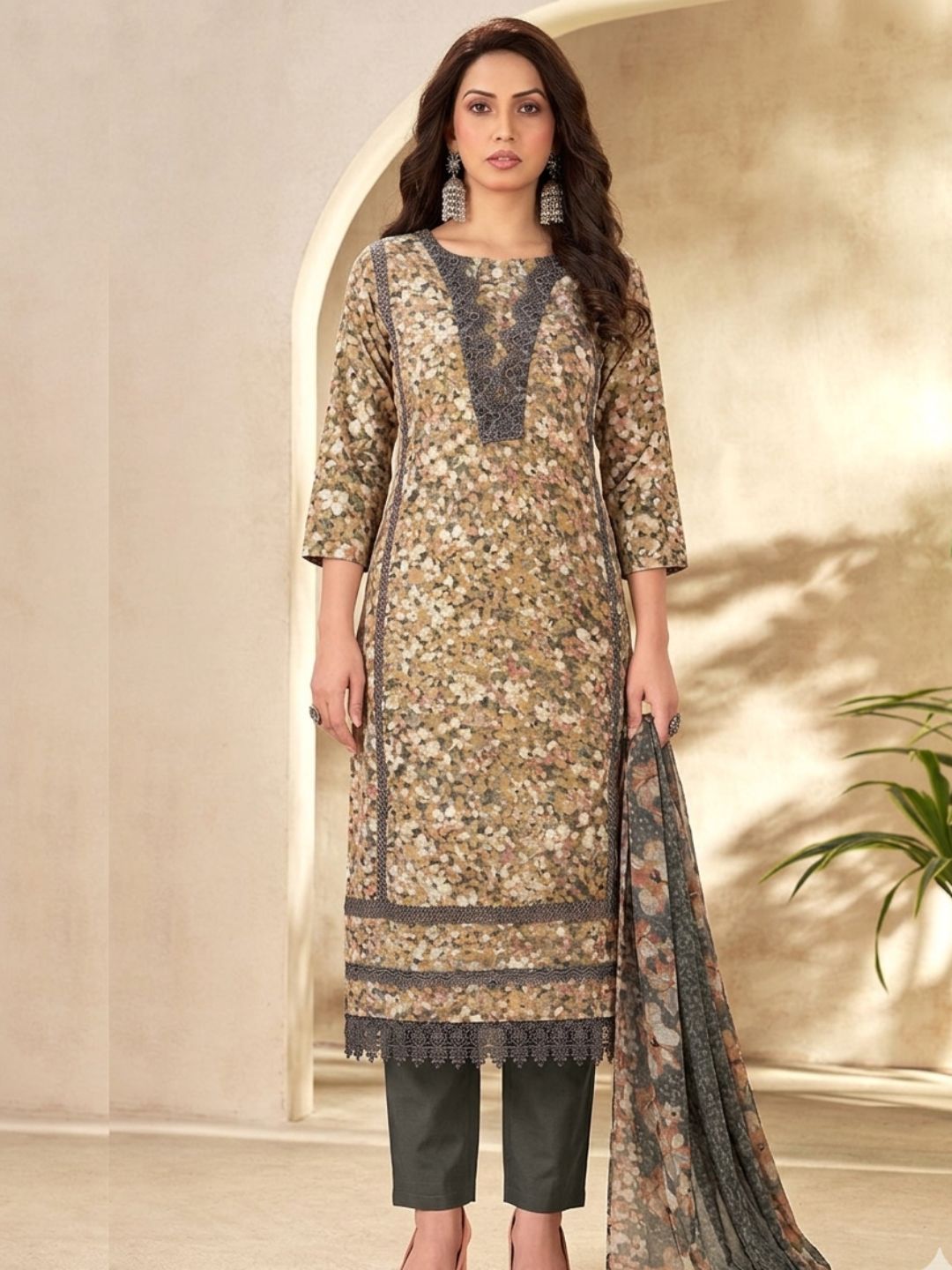 Cotton Floral Printed & Lace Detailed Unstitched Suit Dupatta in Peach & Teal