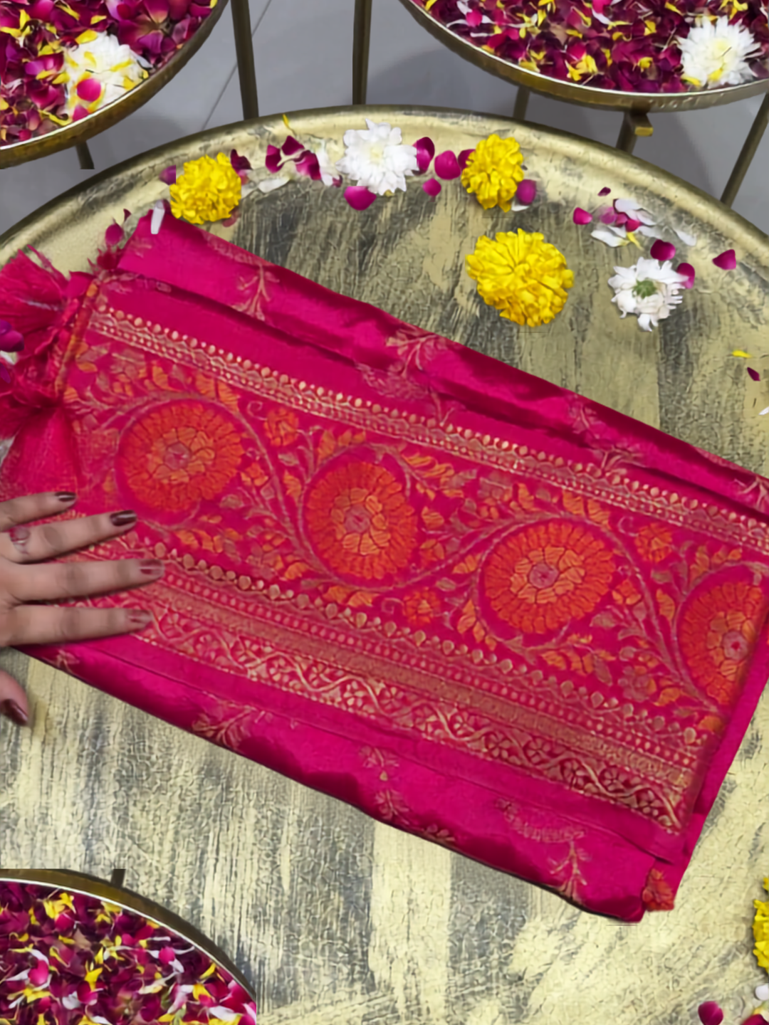 Banarasi Silk Saree with Zari Floral Circular Motifs and Tassel Border