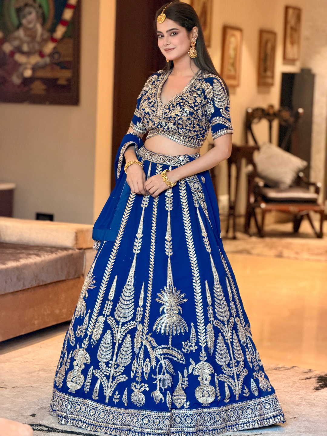 Royal Blue Sequin & Zari Embroidered Botanical Motif Lehenga Choli with Dupatta