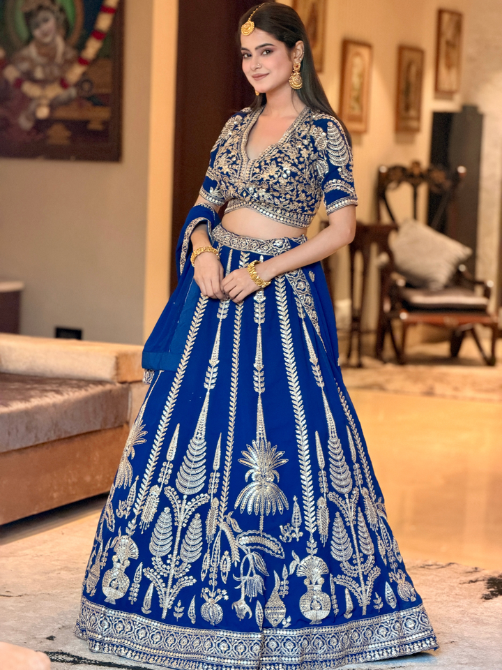 Royal Blue Sequin & Zari Embroidered Botanical Motif Lehenga Choli with Dupatta