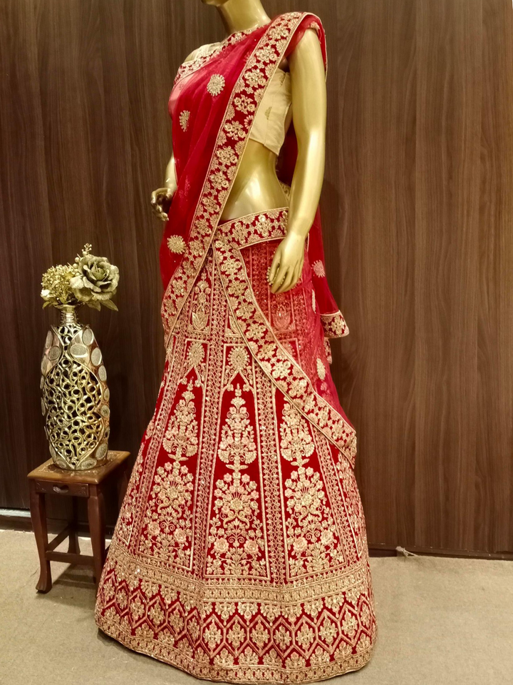 Embellished Semi-stitched Bridal Lehenga with Gold Zari Embroidery