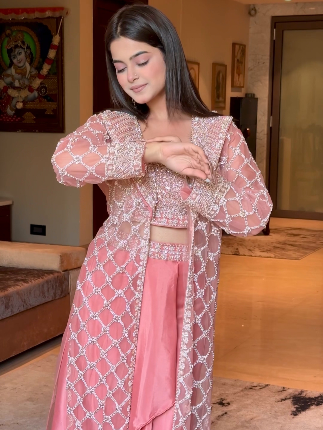 Net Heavy Sequin Embroidered Crop Top with Dhoti and Full Sleeve Embroidered Jacket in Peach