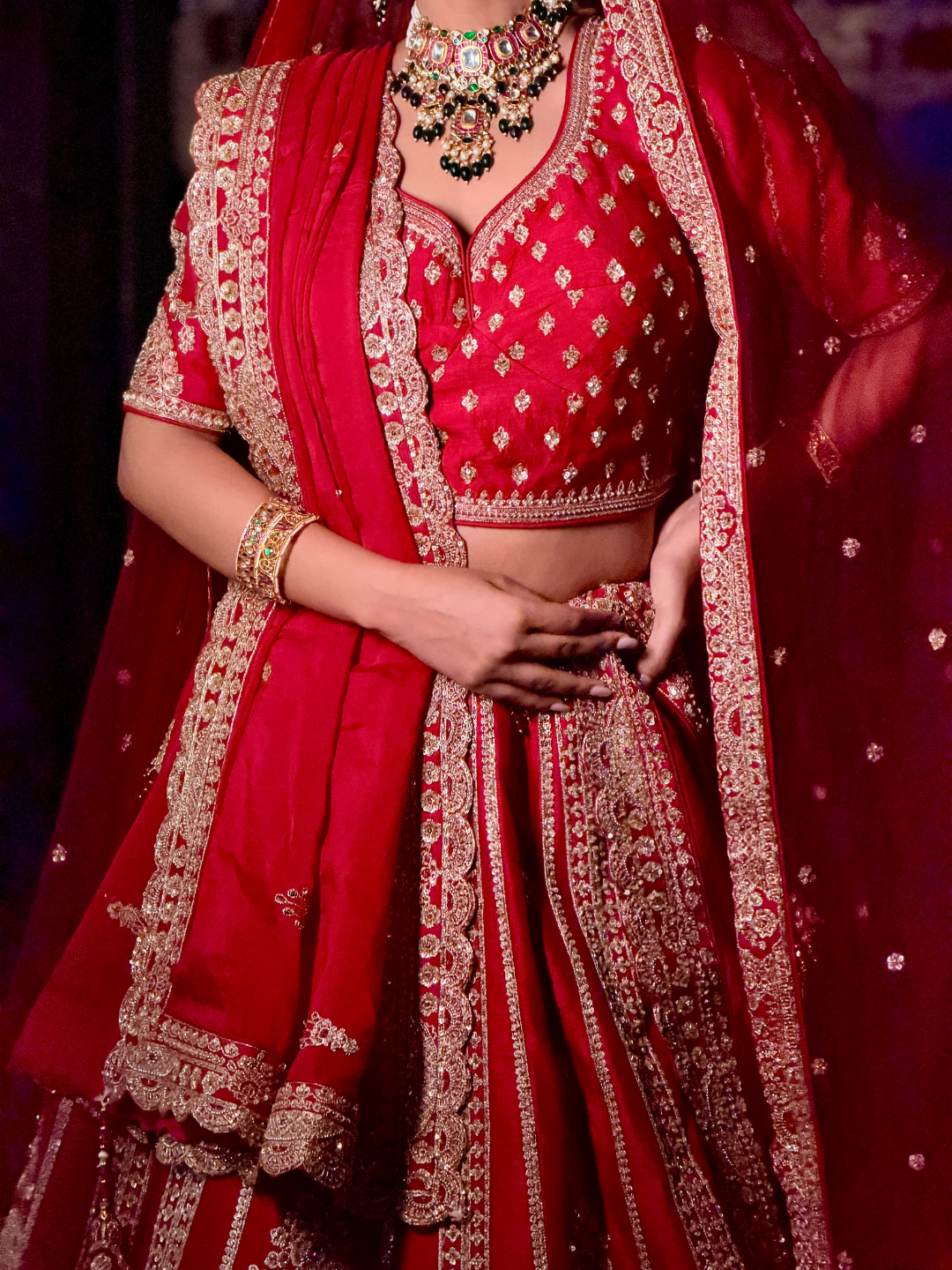 Golden Booti Embroidered Bridal Lehenga Choli Set in Red
