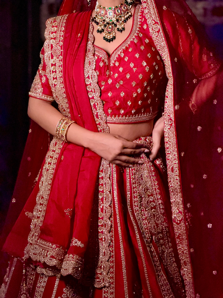 Golden Booti Embroidered Bridal Lehenga Choli Set in Red