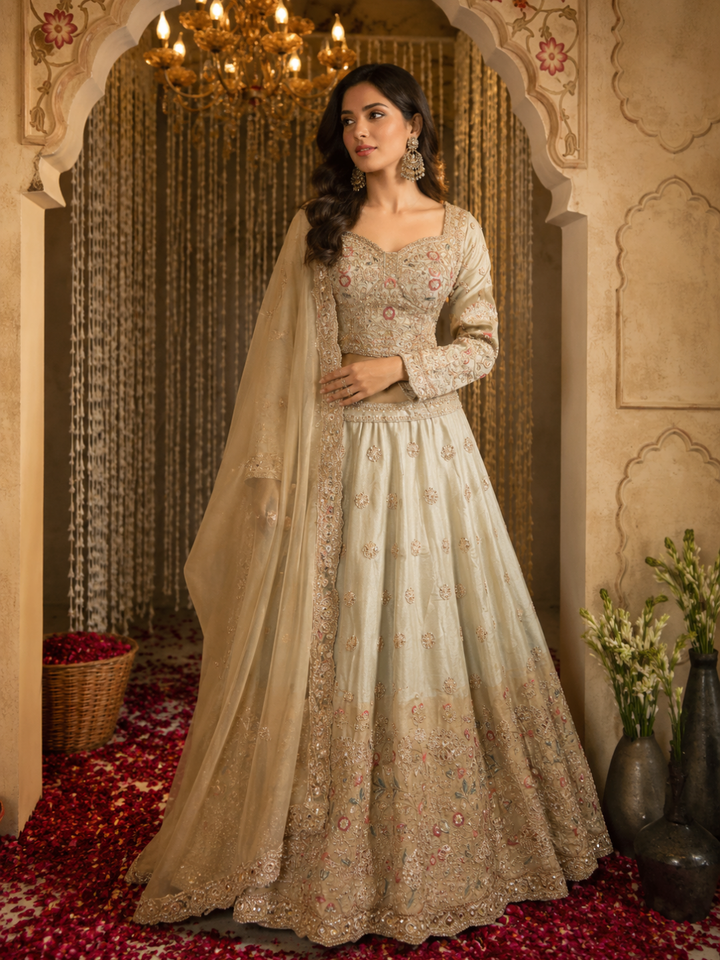 Silk Zari & Meenakari Embroidered Bridal Lehenga Choli with Dupatta in Ivory & Mint